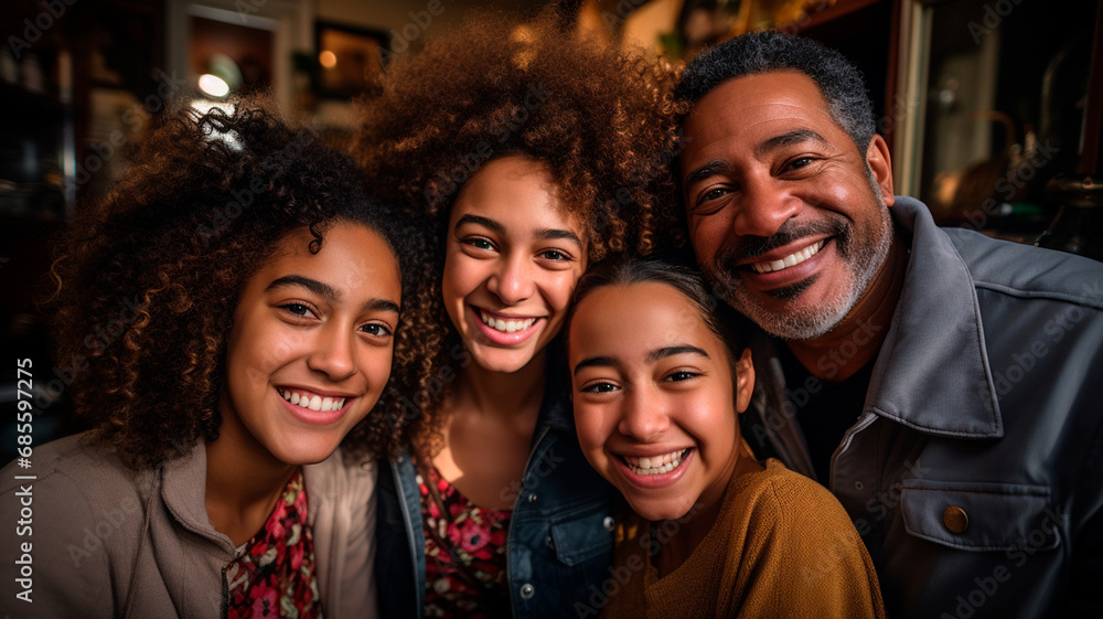 Una escena conmovedora y alegre que capta a una familia sonriente tomándose un selfie juntos en casa. La composición transmite la felicidad y la unión de la familia, con miembros de distintas generaci Una escena conmovedora y alegre que capta a una familia sonriente tomándose un selfie juntos en casa. La composición transmite la felicidad y la unión de la familia, con miembros de distintas generaci