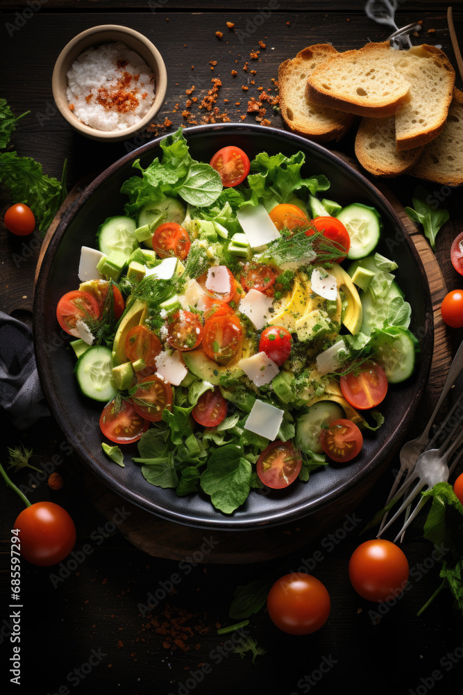 Ceaser Salad surrounded by its ingredients on wooden table . Ceaser Salad surrounded by its ingredients on wooden table .