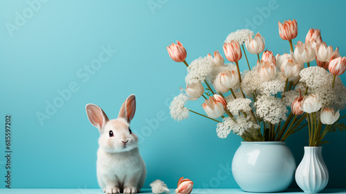 Una escena encantadora y caprichosa con una sola oreja de conejo blanco colocada delicadamente sobre un fondo azul pastel, que evoca el espíritu juguetón y encantador del día de Pascua. photo