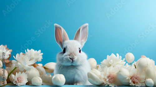 Una escena encantadora y caprichosa con una sola oreja de conejo blanco colocada delicadamente sobre un fondo azul pastel, que evoca el espíritu juguetón y encantador del día de Pascua. photo