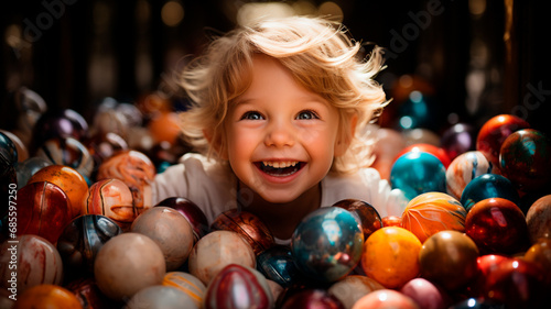 Una escena encantadora y alegre en la que un niño sostiene en sus brazos un montón de huevos de Pascua de vivos colores.