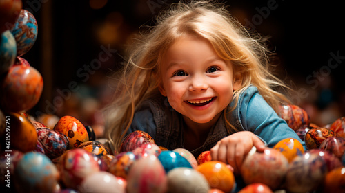 Una escena encantadora y alegre en la que un niño sostiene en sus brazos un montón de huevos de Pascua de vivos colores. photo