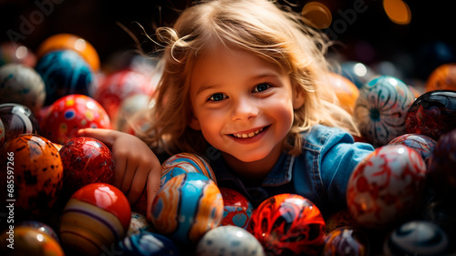 Photographie Una escena encantadora y alegre en la que un niño sostiene en sus brazos un montón de huevos de Pascua de vivos colores