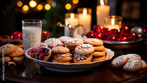 Una escena festiva y conmovedora con un bonito surtido de galletas navideñas dispuestas en una mesa de temática festiva. photo