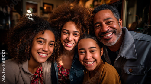 Una escena conmovedora y alegre que capta a una familia sonriente tomándose un selfie juntos en casa. La composición transmite la felicidad y la unión de la familia, con miembros de distintas generaci photo