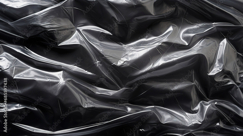 Transparent wrinkled plastic wrap on black background. Crumpled dark thin plastic backdrop. Generative AI Transparent wrinkled plastic wrap on black background. Crumpled dark thin plastic backdrop. Generative AI