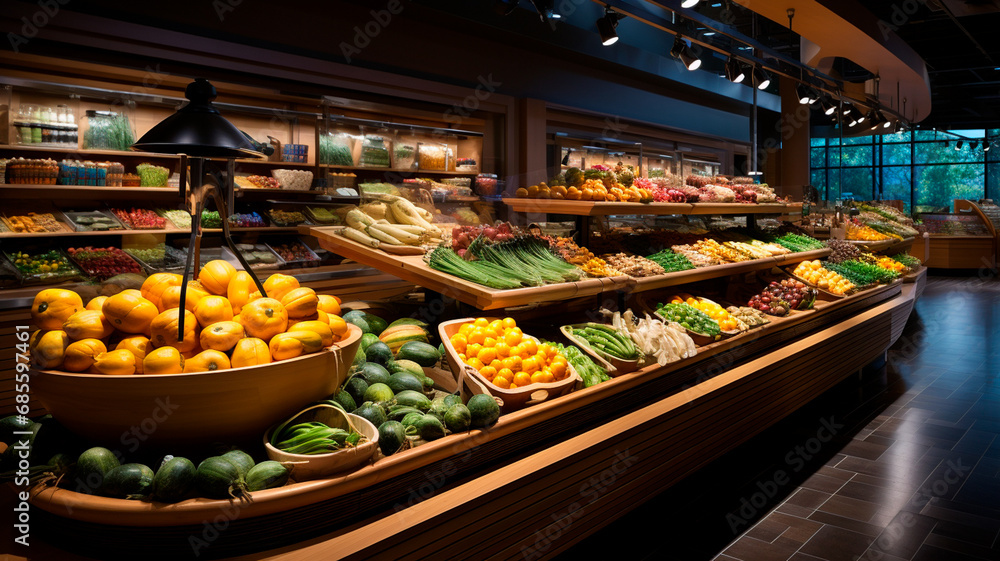 Una escena acogedora y bulliciosa en una moderna tienda de alimentación, que capta el ambiente vibrante y las diversas ofertas.