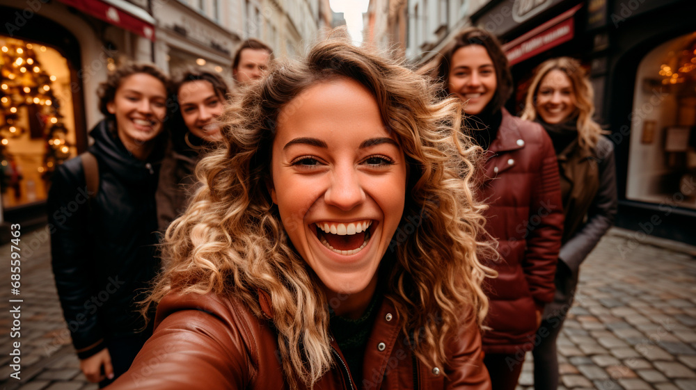 Fotografía que capta a un grupo diverso de mejores amigos, que representan distintos orígenes culturales, tomándose con entusiasmo un selfie con un teléfono móvil inteligente mientras están al aire 