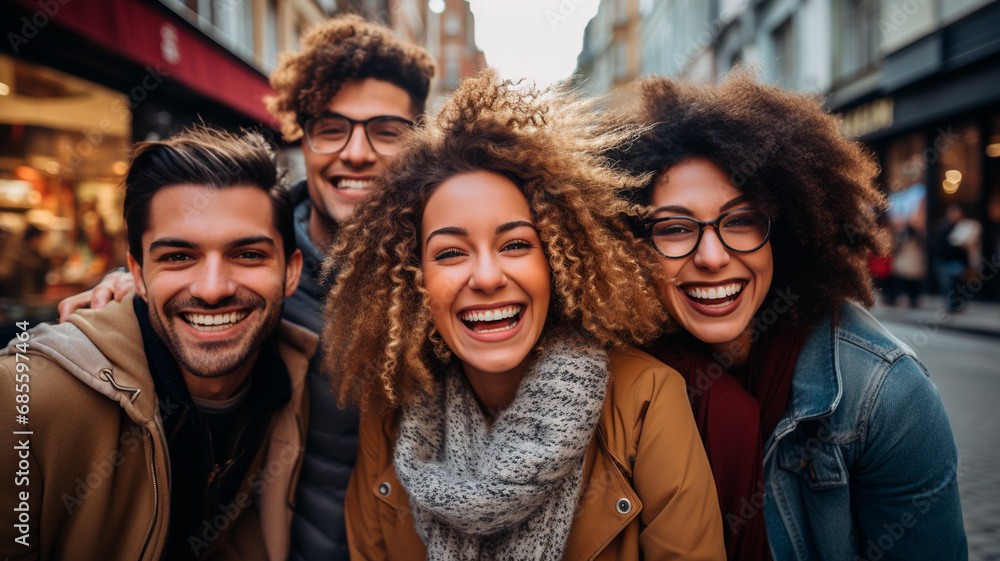 Fotografía que capta a un grupo diverso de mejores amigos, que representan distintos orígenes culturales, tomándose con entusiasmo un selfie con un teléfono móvil inteligente mientras están al aire Fotografía que capta a un grupo diverso de mejores amigos, que representan distintos orígenes culturales, tomándose con entusiasmo un selfie con un teléfono móvil inteligente mientras están al aire