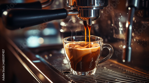 Preparation of espresso or coffee in a professional coffee machine. Generative AI.