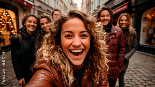 Fotografía que capta a un grupo diverso de mejores amigos, que representan distintos orígenes culturales, tomándose con entusiasmo un selfie con un teléfono móvil inteligente mientras están al aire  photo