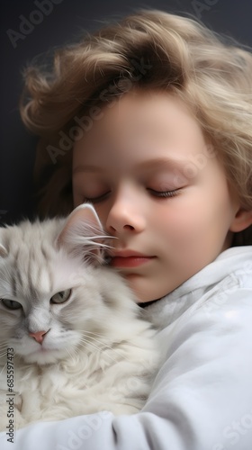 Portrait of a white toddler boy sleeps with his cat against white background with space for text, background image, AI generated