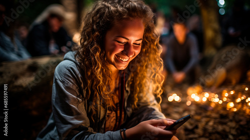 Fotografía que capta a un grupo diverso de jóvenes reunidos al aire libre, absortos en sus dispositivos de telefonía móvil.