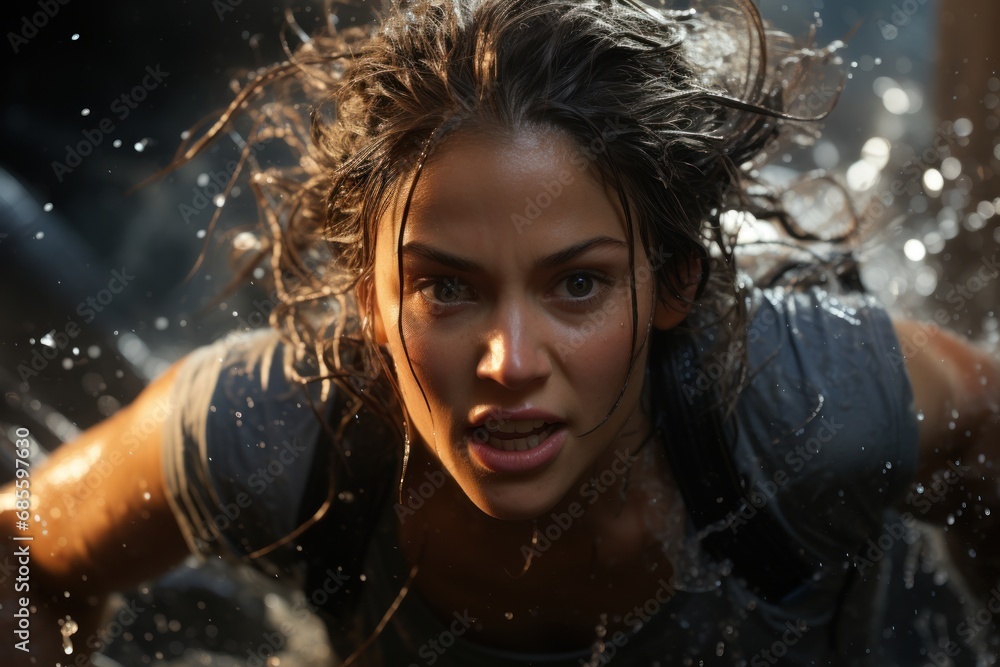 Female runner creates action packed scene while conquering water obstacle, runner image Female runner creates action packed scene while conquering water obstacle, runner image