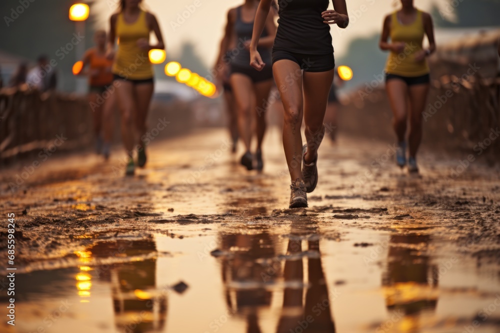 Fototapeta premium Puddles reflect the beauty of female runners on the morning track, runner image