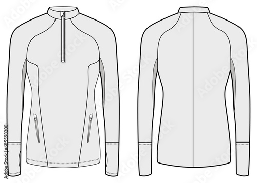 women's active long sleeve top, Fashion Flat Sketch Vector Illustration, CAD, Technical Drawing, Flat Drawing, Template, Mockup. 