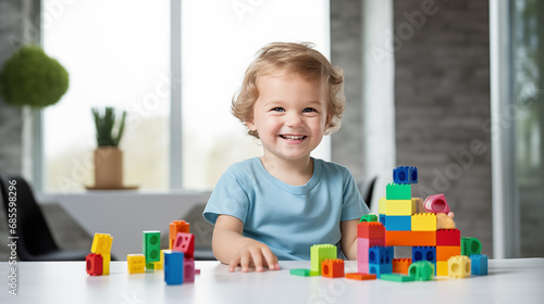 The kid plays with blocks.