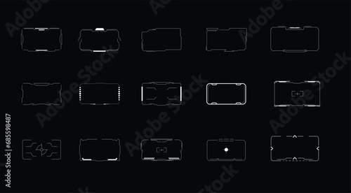 Cyberpunk decals set. Set of vector stickers and labels in futuristic style. Inscriptions and symbols, Japanese hieroglyphs for danger, attention, AI controlled, high voltage, warning.