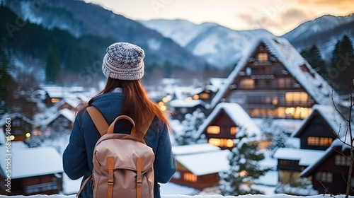 Young woman traveler looking at the beautiful UNESCO heritage village in the snow in winter at Shirakawa-go, Japan in twilight time