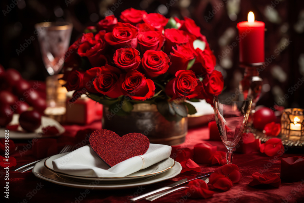 Valentines day elegant table setting. Generative AI Valentines day elegant table setting. Generative AI