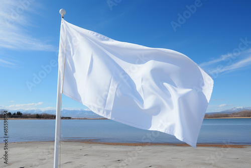Empty white flag waving on clean blue sky. Generative AI