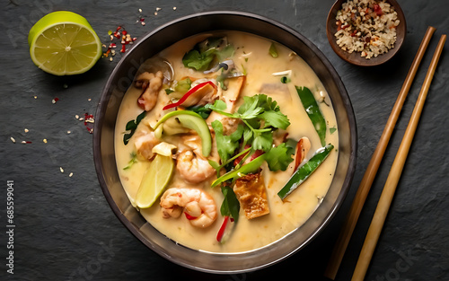Capture the essence of Tom Kha Gai in a mouthwatering food photography shot Generative AI