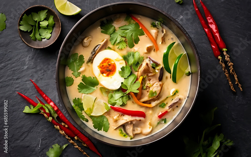 Capture the essence of Tom Kha Gai in a mouthwatering food photography shot Generative AI