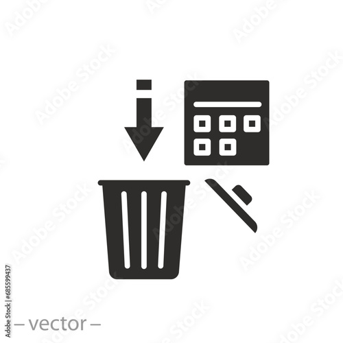 trash can and calendar icon, the expiration time has expired, date to dispose of the spoiled product, container bin for trash, flat symbol - editable stroke vector illustration