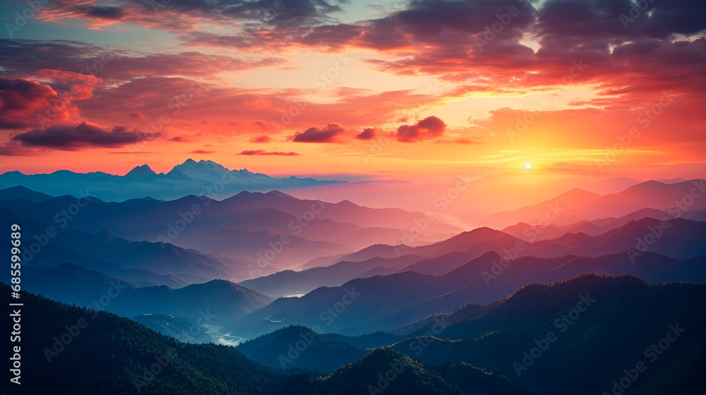Picturesque panoramic view of mountain range under sundown in evening time.