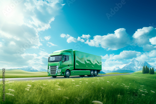Eco friendly transportation concept. Futuristic electric autonomous  truck on rural road with a summer landscape. photo