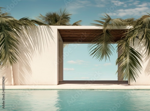 Tropical summer background with concrete wall  pool water and palm leaf shadow. Luxury hotel resort exterior for product placement. Outdoor vacation holiday house scene  neutral architecture aesthetic