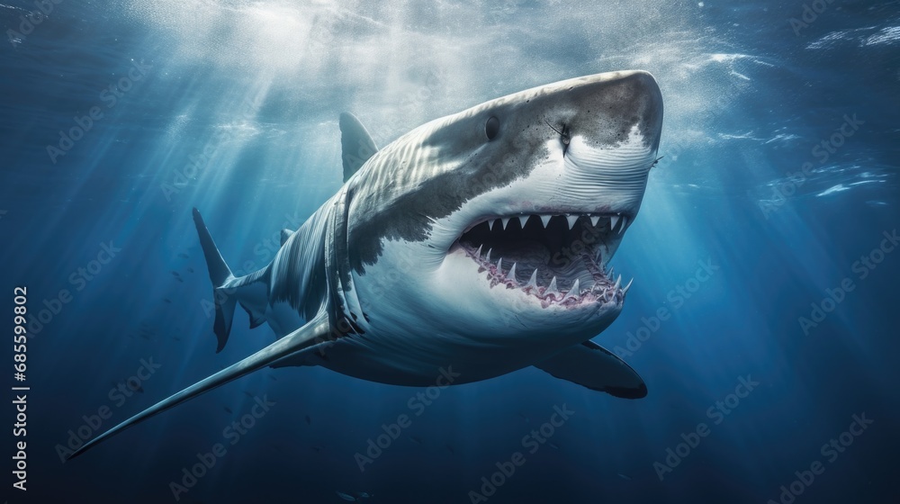 Fototapeta premium Ocean shark bottom view from below. Open toothy dangerous mouth with many teeth. Underwater blue sea waves clear water shark swims forward