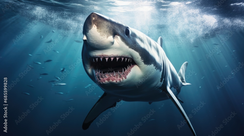 Fototapeta premium Ocean shark bottom view from below. Open toothy dangerous mouth with many teeth. Underwater blue sea waves clear water shark swims forward