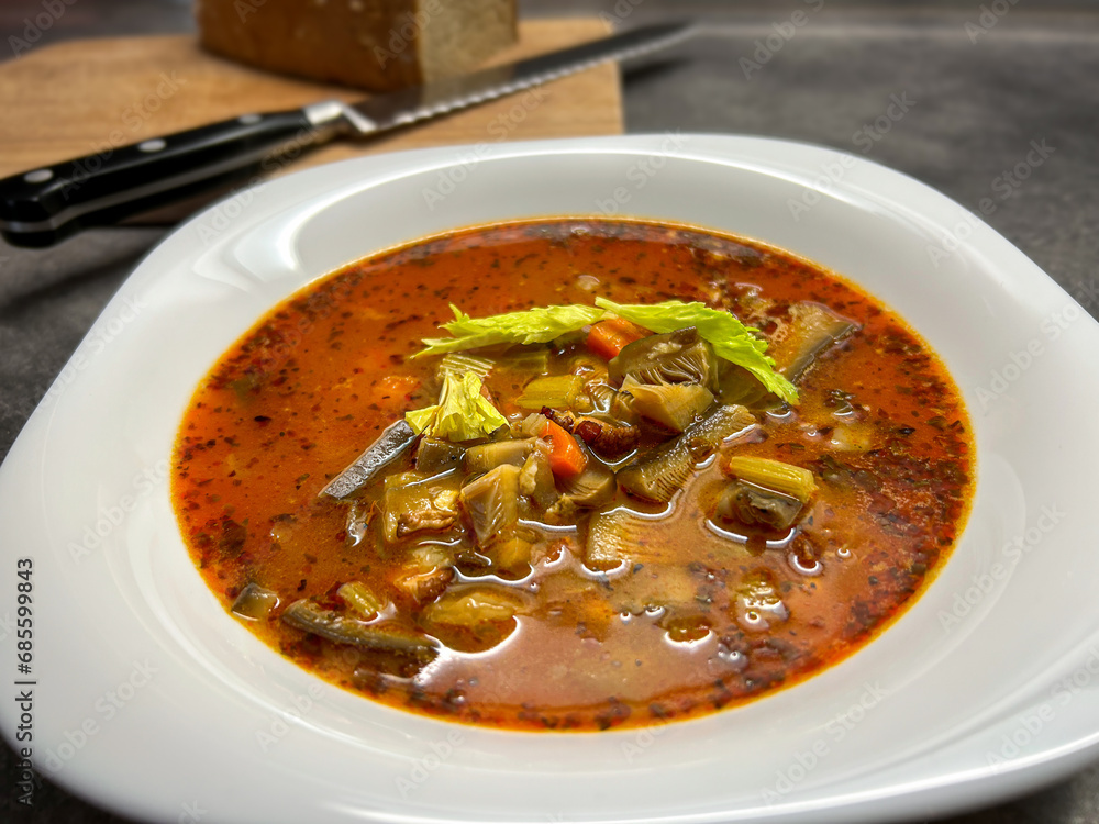 Detail shot of oyster mushroom soup with vegetables and marjoram
