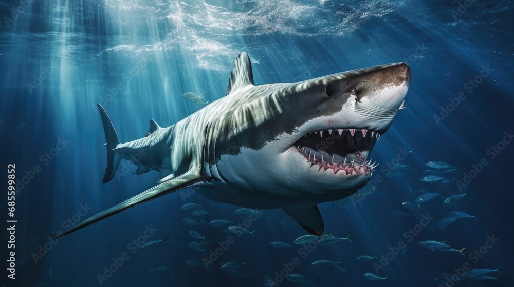 Obraz premium Ocean shark bottom view from below. Open toothy dangerous mouth with many teeth. Underwater blue sea waves clear water shark swims forward