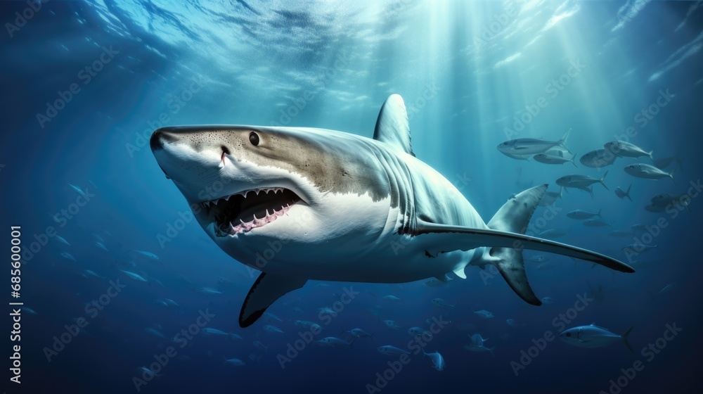 Ocean shark bottom view from below. Open toothy dangerous mouth with many teeth. Underwater blue sea waves clear water shark swims forward Ocean shark bottom view from below. Open toothy dangerous mouth with many teeth. Underwater blue sea waves clear water shark swims forward