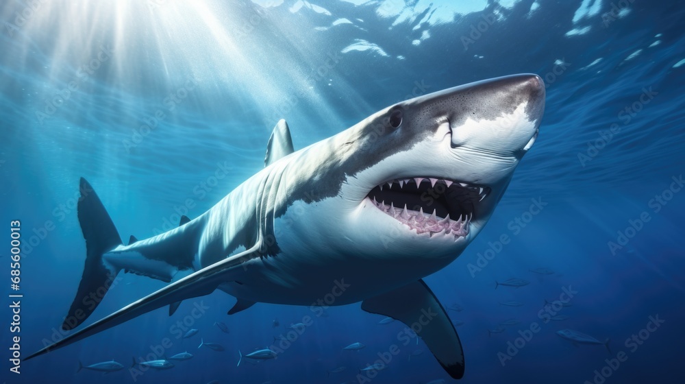 Ocean shark bottom view from below. Open toothy dangerous mouth with many teeth. Underwater blue sea waves clear water shark swims forward Ocean shark bottom view from below. Open toothy dangerous mouth with many teeth. Underwater blue sea waves clear water shark swims forward