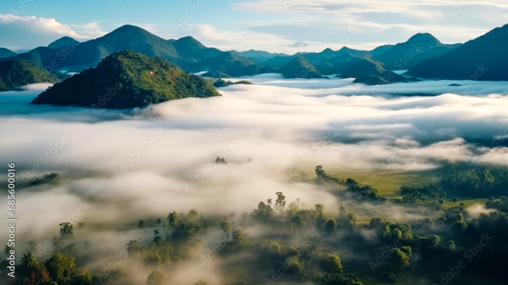 Aerial view of misty foggy rainforest surrounded by hills