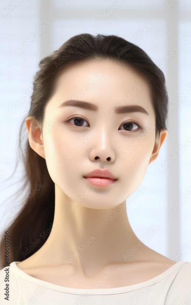 Beautiful young asian woman with clean fresh skin on beige background, Face care, Facial treatment, Cosmetology, beauty and spa, Asian women portrait.