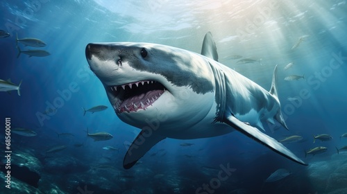 Ocean shark bottom view from below. Open toothy dangerous mouth with many teeth. Underwater blue sea waves clear water shark swims forward © romanets_v