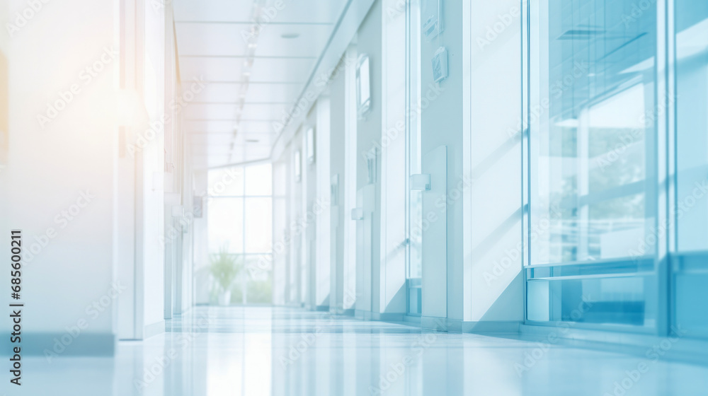 Blurred glass corridor of office, hospital etc. bathed in light from large windows Blurred glass corridor of office, hospital etc. bathed in light from large windows