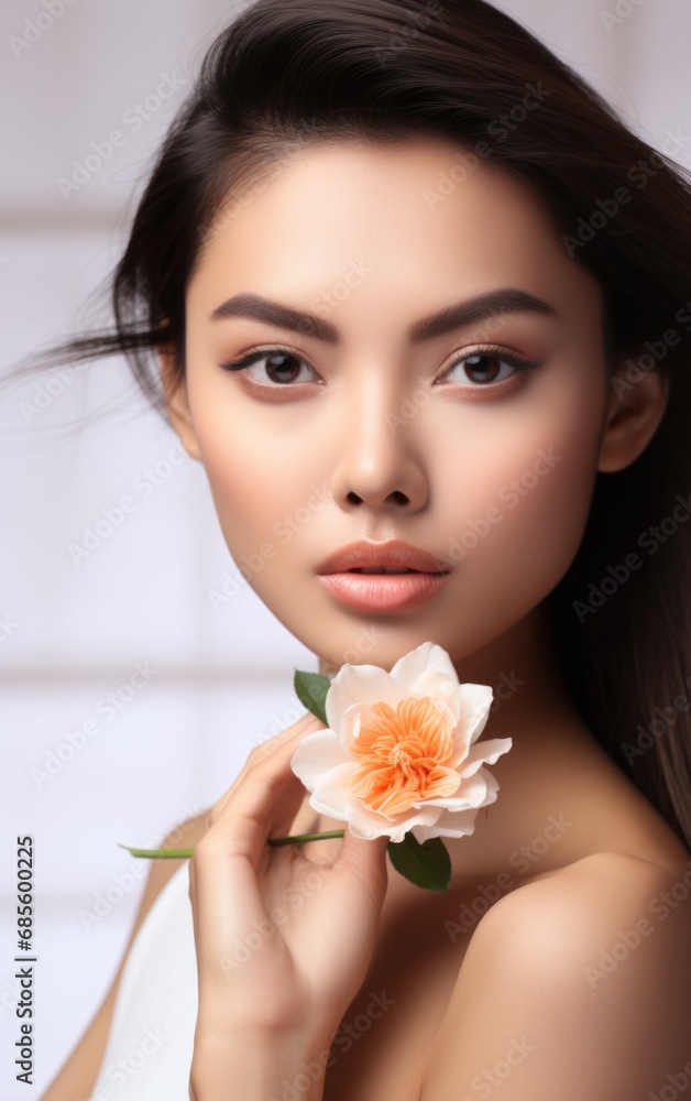 Beautiful young asian woman with clean fresh skin on beige background, Face care, Facial treatment, Cosmetology, beauty and spa, Asian women portrait.