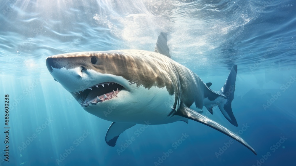 Fototapeta premium Ocean shark bottom view from below. Open toothy dangerous mouth with many teeth. Underwater blue sea waves clear water shark swims forward