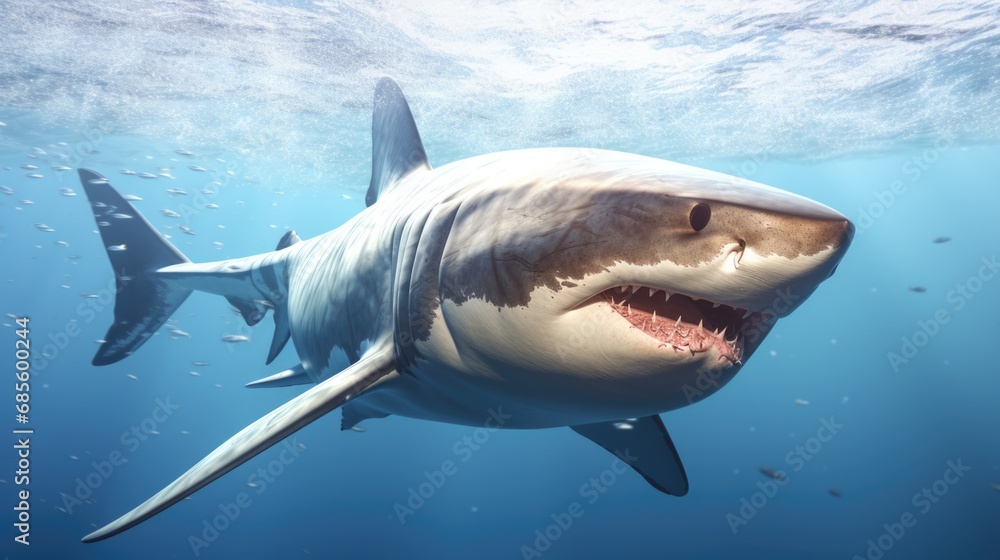 Fototapeta premium Ocean shark bottom view from below. Open toothy dangerous mouth with many teeth. Underwater blue sea waves clear water shark swims forward