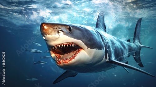 Ocean shark bottom view from below. Open toothy dangerous mouth with many teeth. Underwater blue sea waves clear water shark swims forward © romanets_v