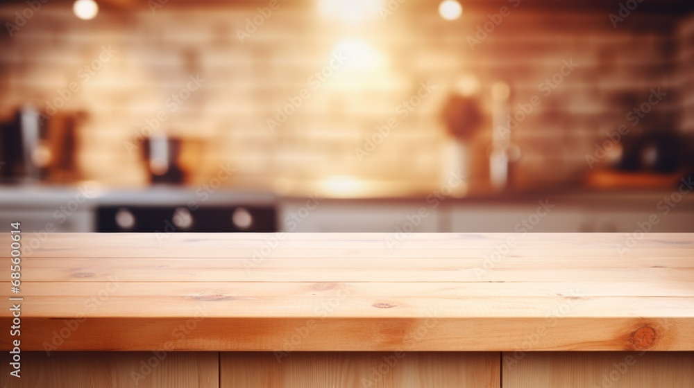Empty beautiful wood table top counter and blur bokeh modern kitchen interior background in clean and bright,Banner, Ready for product montage Empty beautiful wood table top counter and blur bokeh modern kitchen interior background in clean and bright,Banner, Ready for product montage