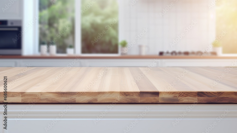 Empty beautiful wood table top counter and blur bokeh modern kitchen interior background in clean and bright,Banner, Ready for product montage Empty beautiful wood table top counter and blur bokeh modern kitchen interior background in clean and bright,Banner, Ready for product montage