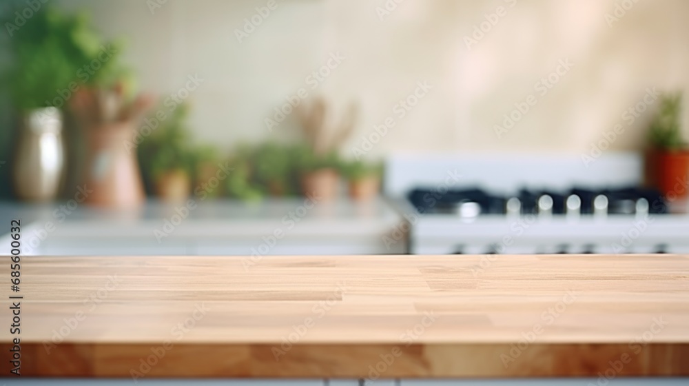 Empty beautiful wood table top counter and blur bokeh modern kitchen interior background in clean and bright,Banner, Ready for product montage Empty beautiful wood table top counter and blur bokeh modern kitchen interior background in clean and bright,Banner, Ready for product montage