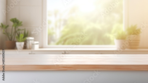 Empty beautiful wood table top counter and blur bokeh modern kitchen interior background in clean and bright Banner  Ready for product montage