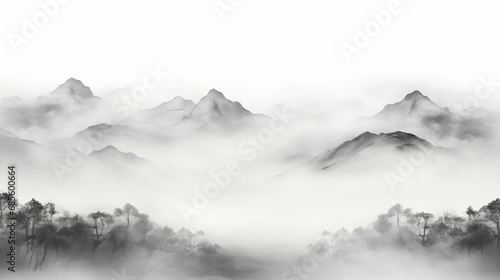 Hand drawn beautiful ink mountain landscape illustration 
